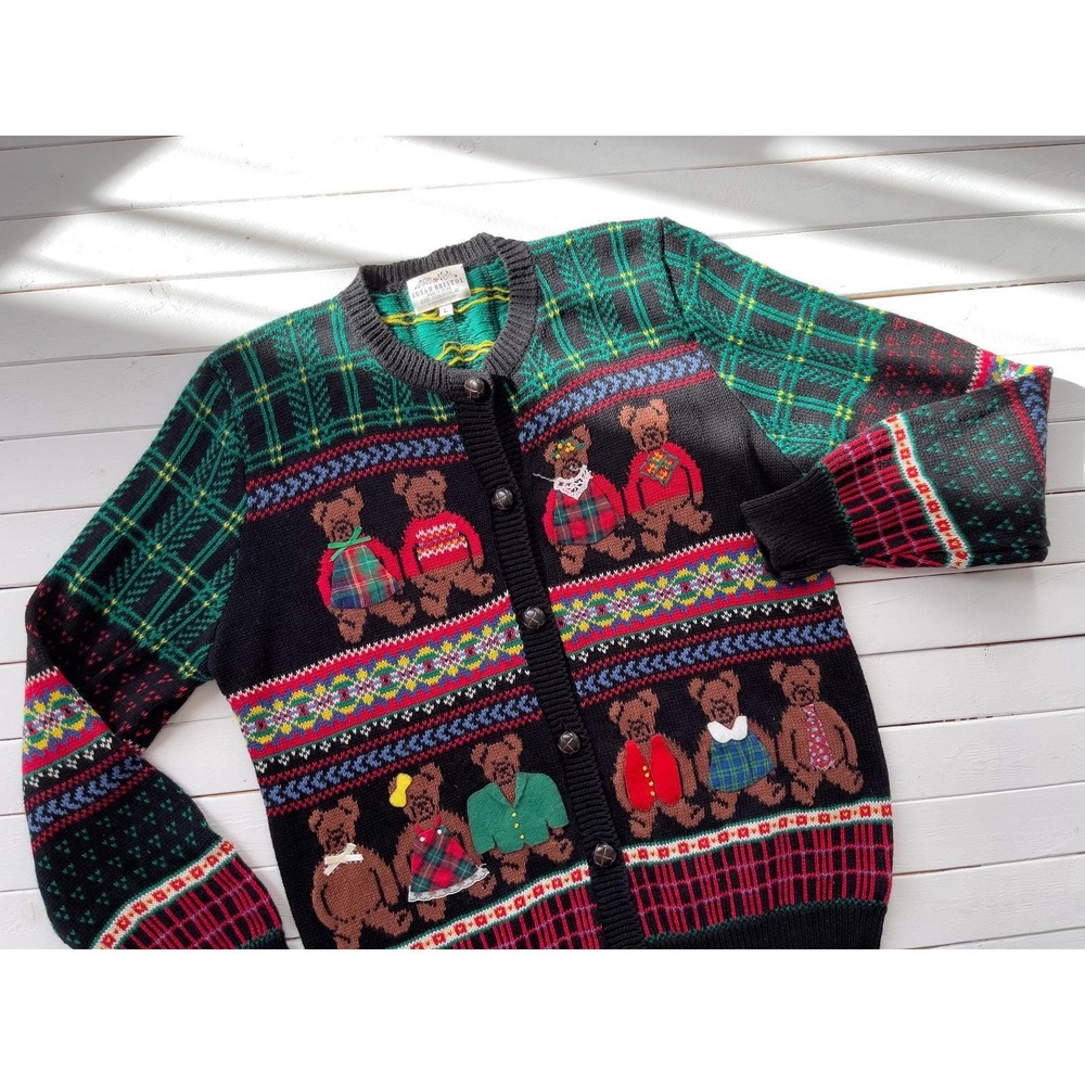 teddy bear sweater 80s 90s‎ vintage Susan Bristol green hand knit cardigan